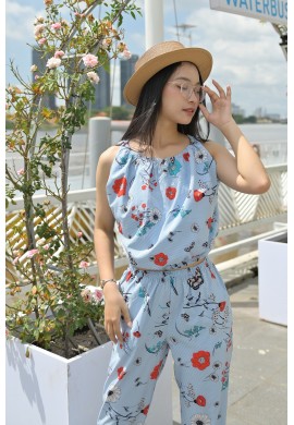 Bộ crop top xanh hoa quần dài 